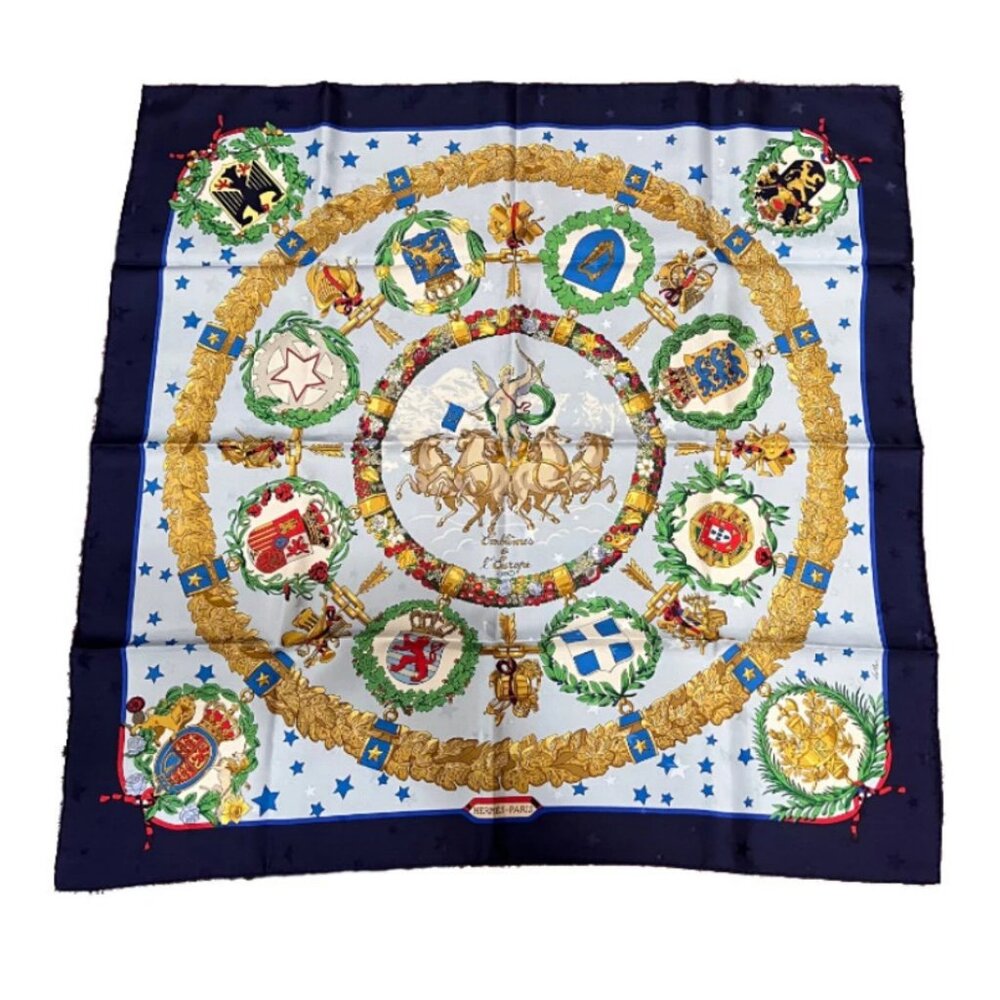 Authentic RARE! Hermes Emblemes De L'Europe Vintage 90cm Silk Scarf